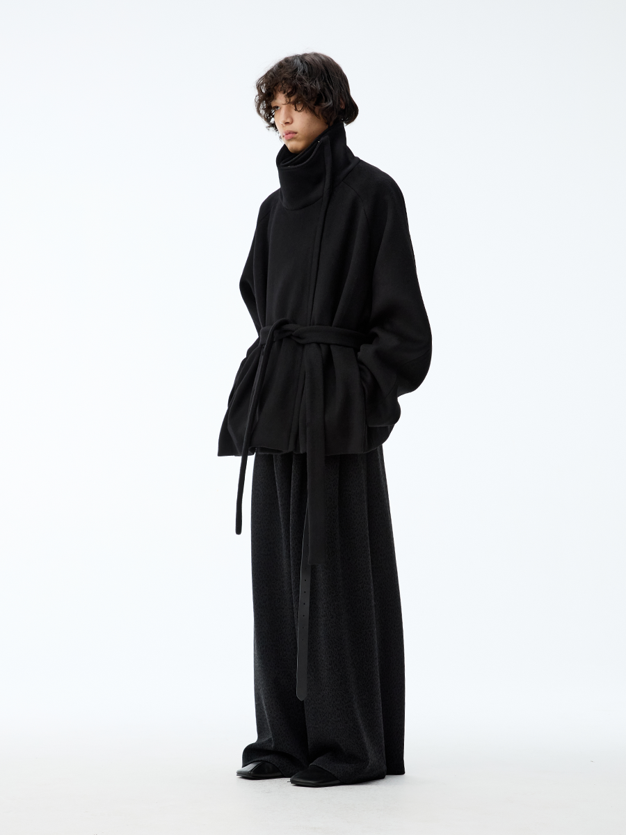 JCAESAR Asymmetric Zipper Belted Coat