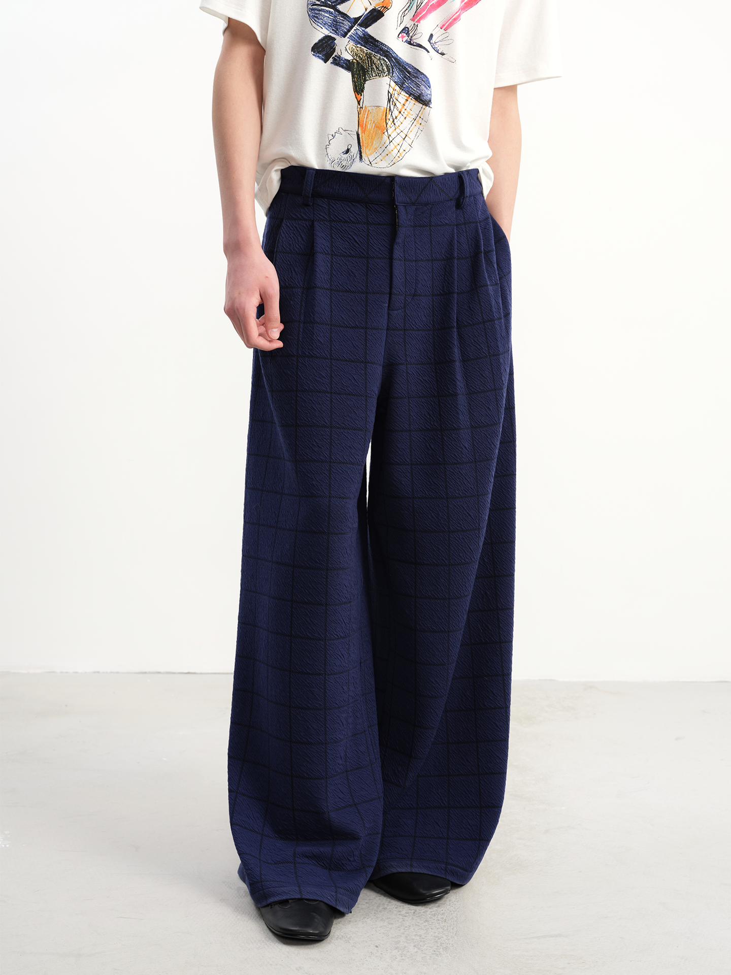 JCAESAR Blue-Black Plaid Pleated Trousers