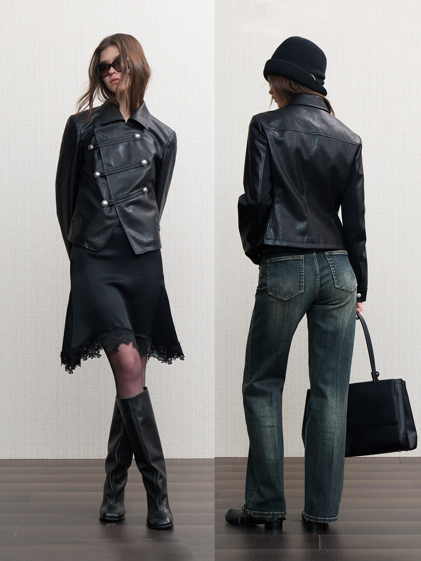 JCAESAR WOMEN Napoleon-Style Asymmetric Collar Leather Jacket