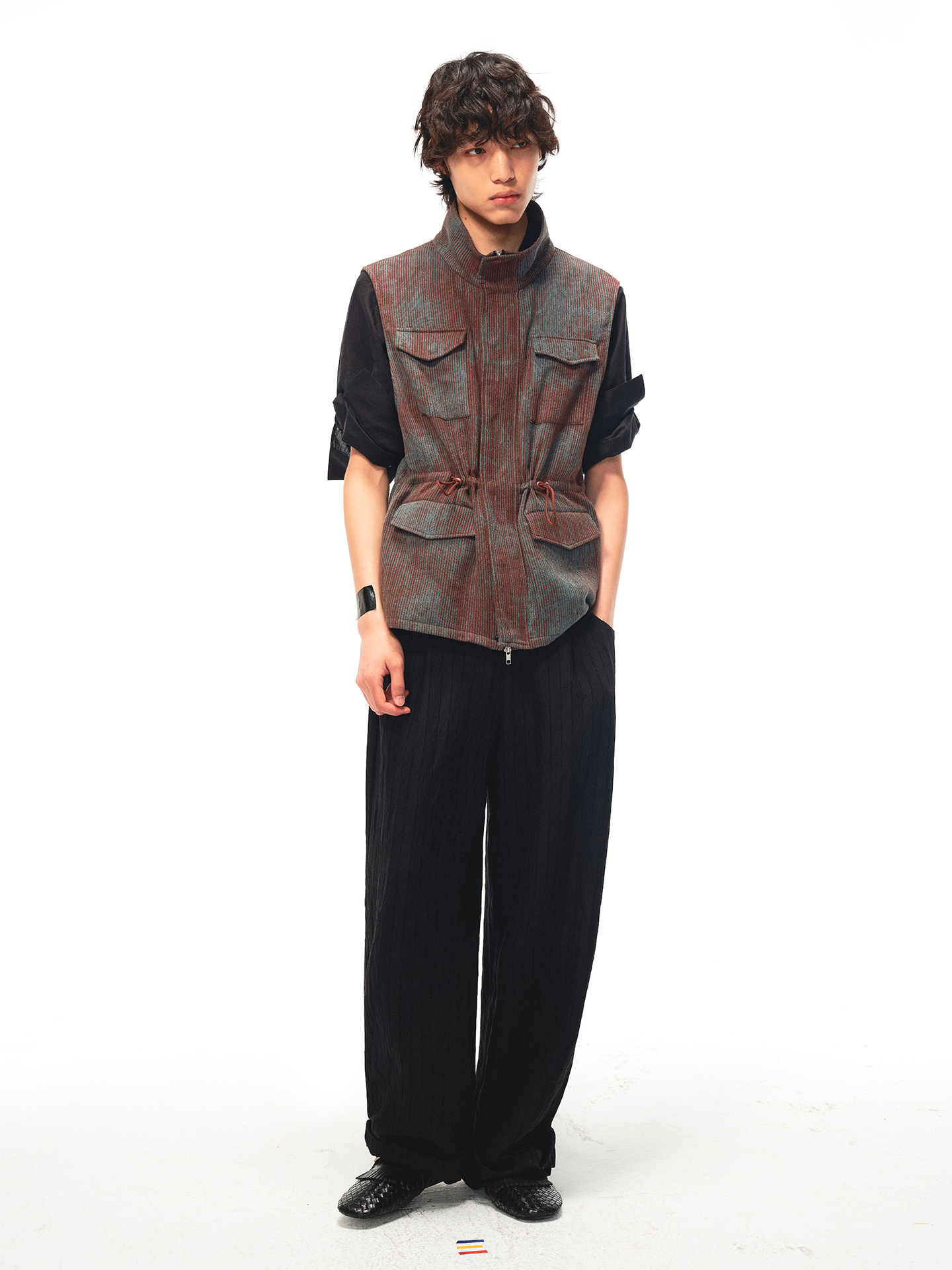 JCAESAR Rust‑Dyed Drawstring Utility Vest with Four Pockets