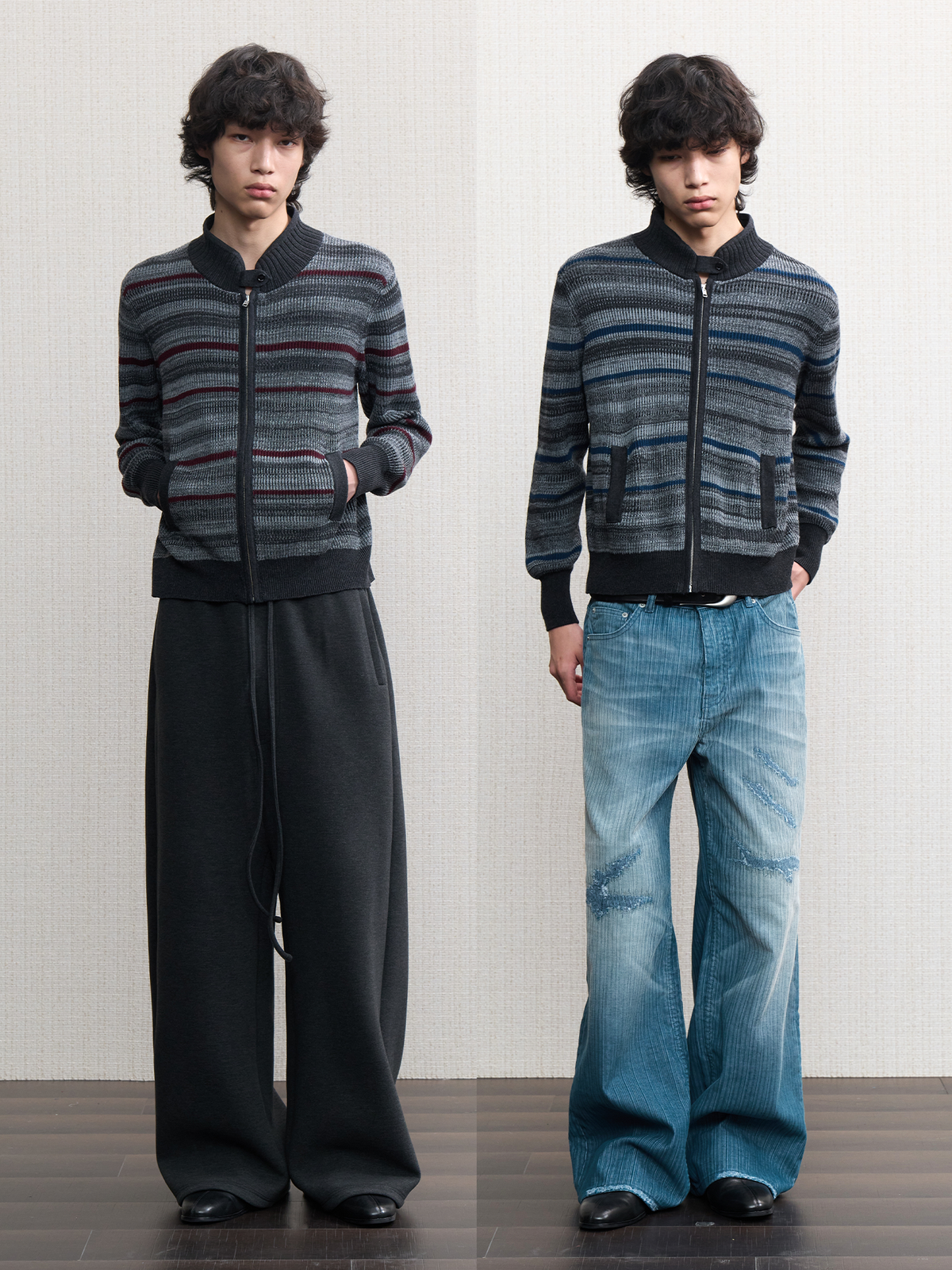 JCAESAR Accordion-Stripe Knit Cardigan Sweater