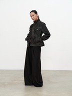 JCAESAR WOMEN Asymmetrical Placket Fitted Waist Raw Denim Jacket