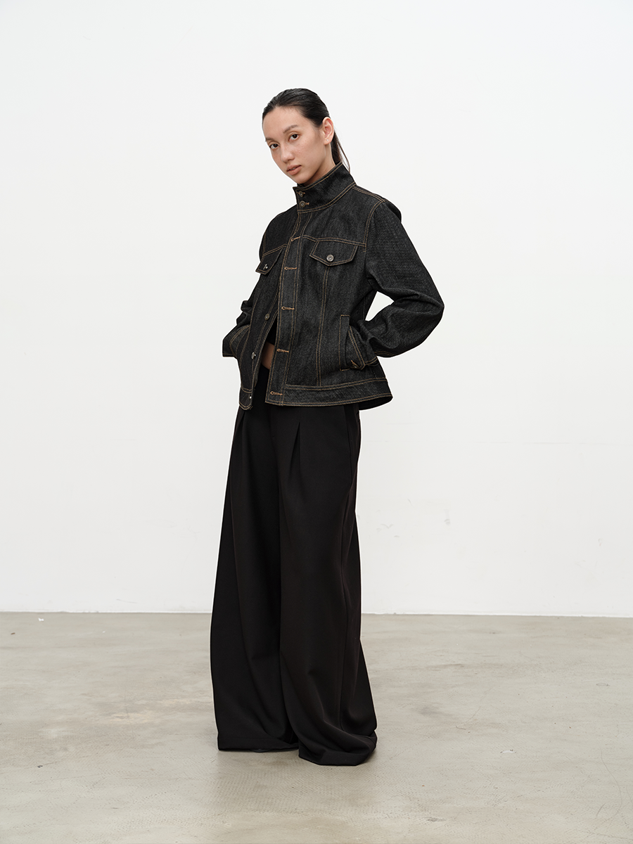 JCAESAR WOMEN Asymmetrical Placket Fitted Waist Raw Denim Jacket