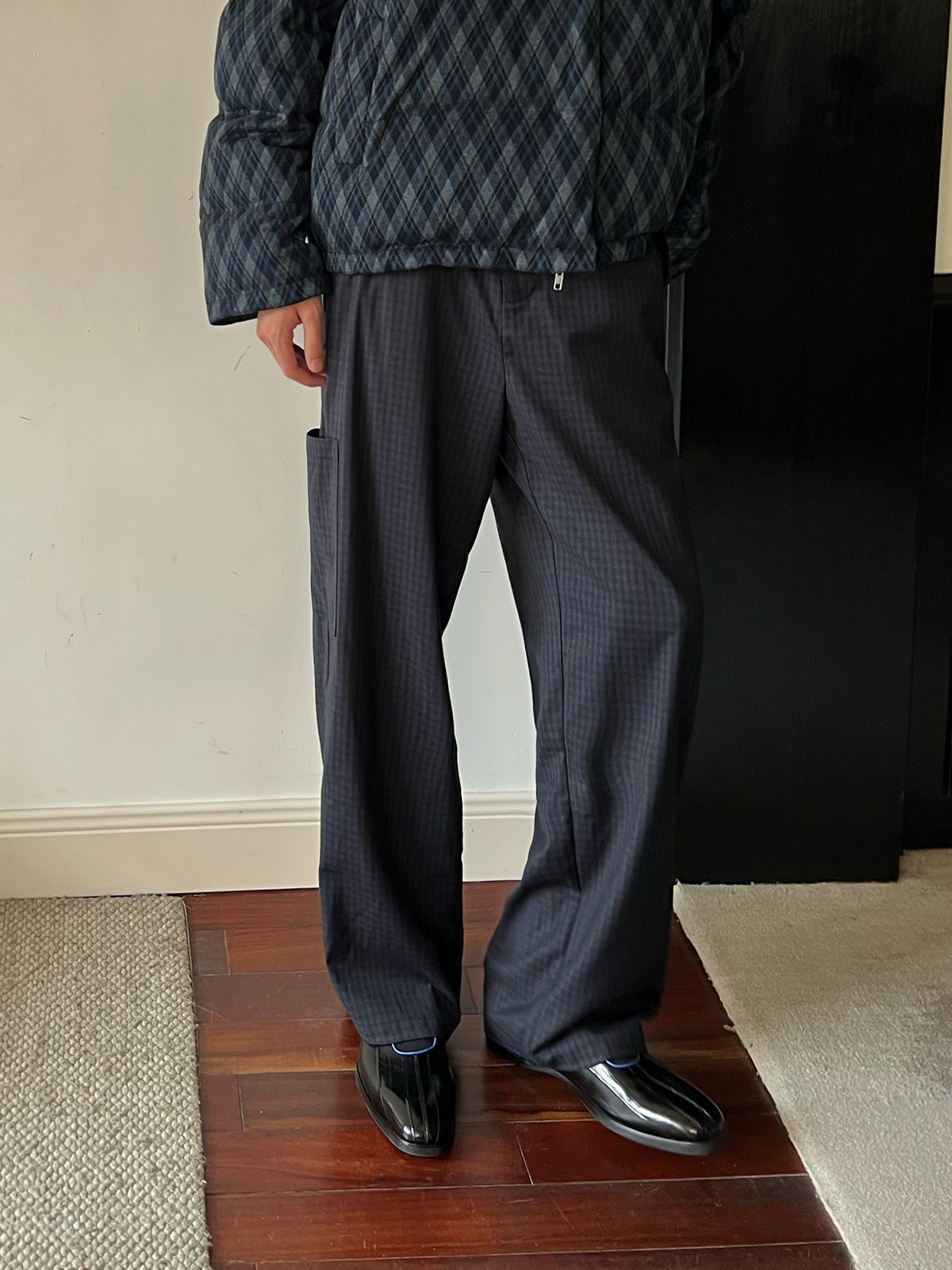JCAESAR Blue Plaid Paneled Trousers with Side Pockets