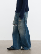 JCAESAR Knife Cut Distressed Blue Denim Jeans | Washed Ripped Straight Fit Jeans
