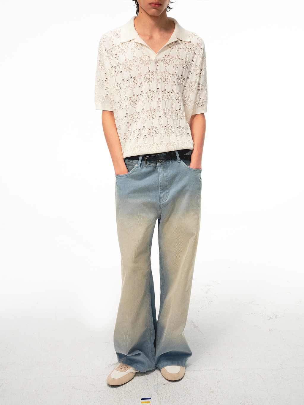 JCAESAR Hollow‑leaf patterned short‑sleeve knit shirt