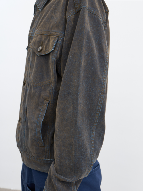 JCAESAR Mud‑flock washed distressed flocked denim jacket