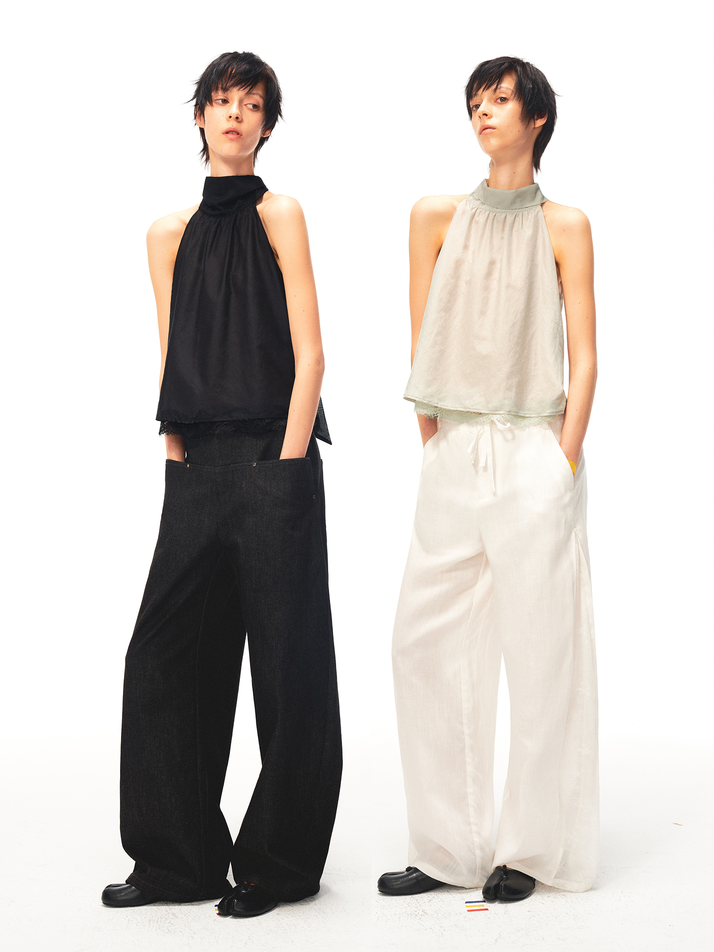JCAESAR WOMEN Air‑lace halter top with flowing ties