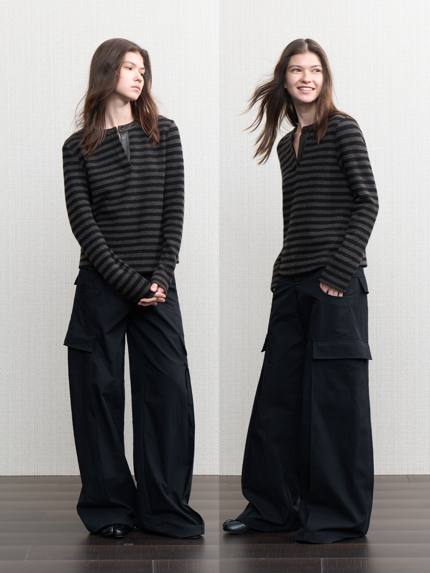 JCAESAR WOMEN Striped Leather-Paneled Top