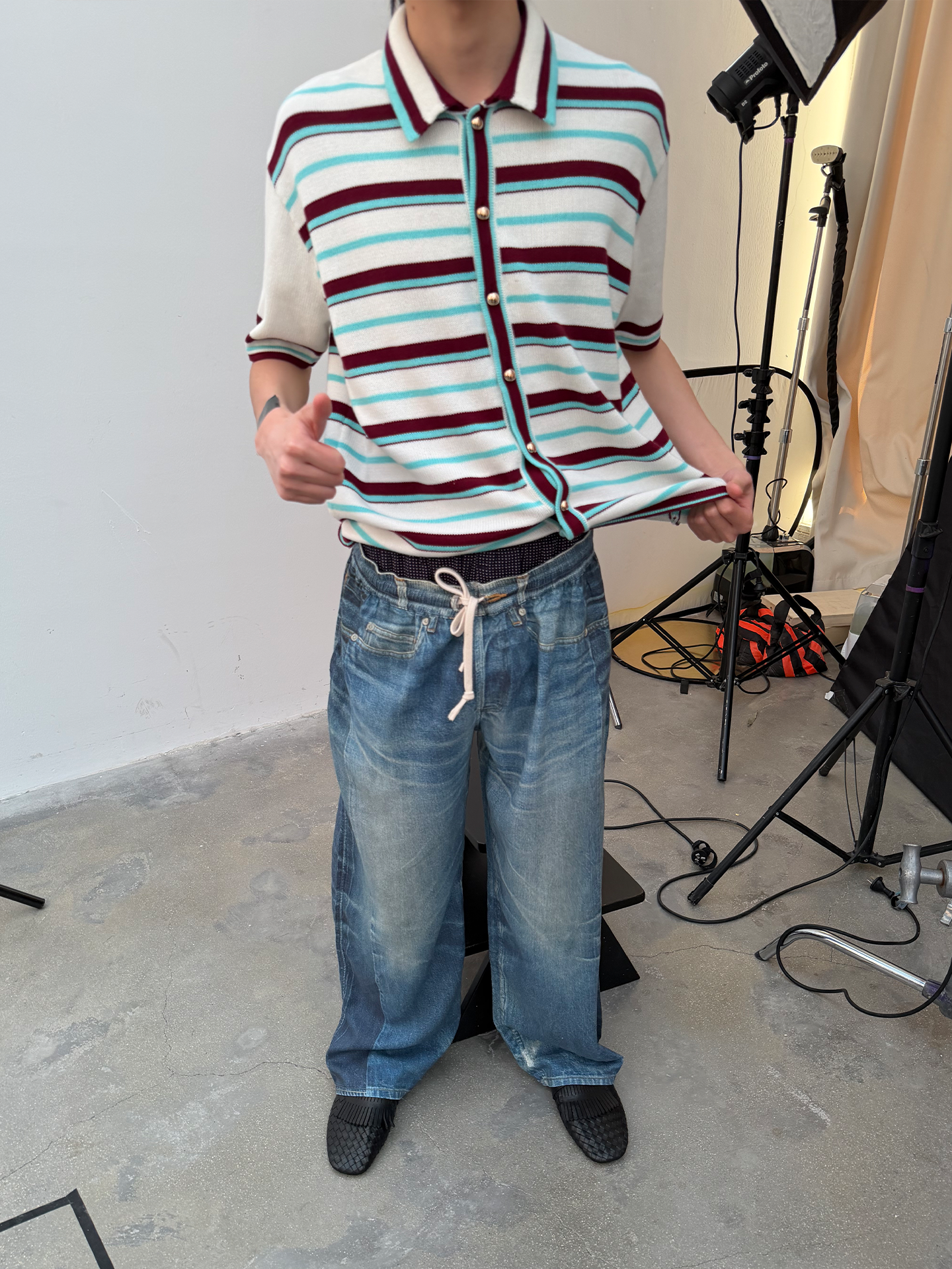 JCAESAR Digital‑Print Trompe‑l'œil Faux‑Denim Linen Pants