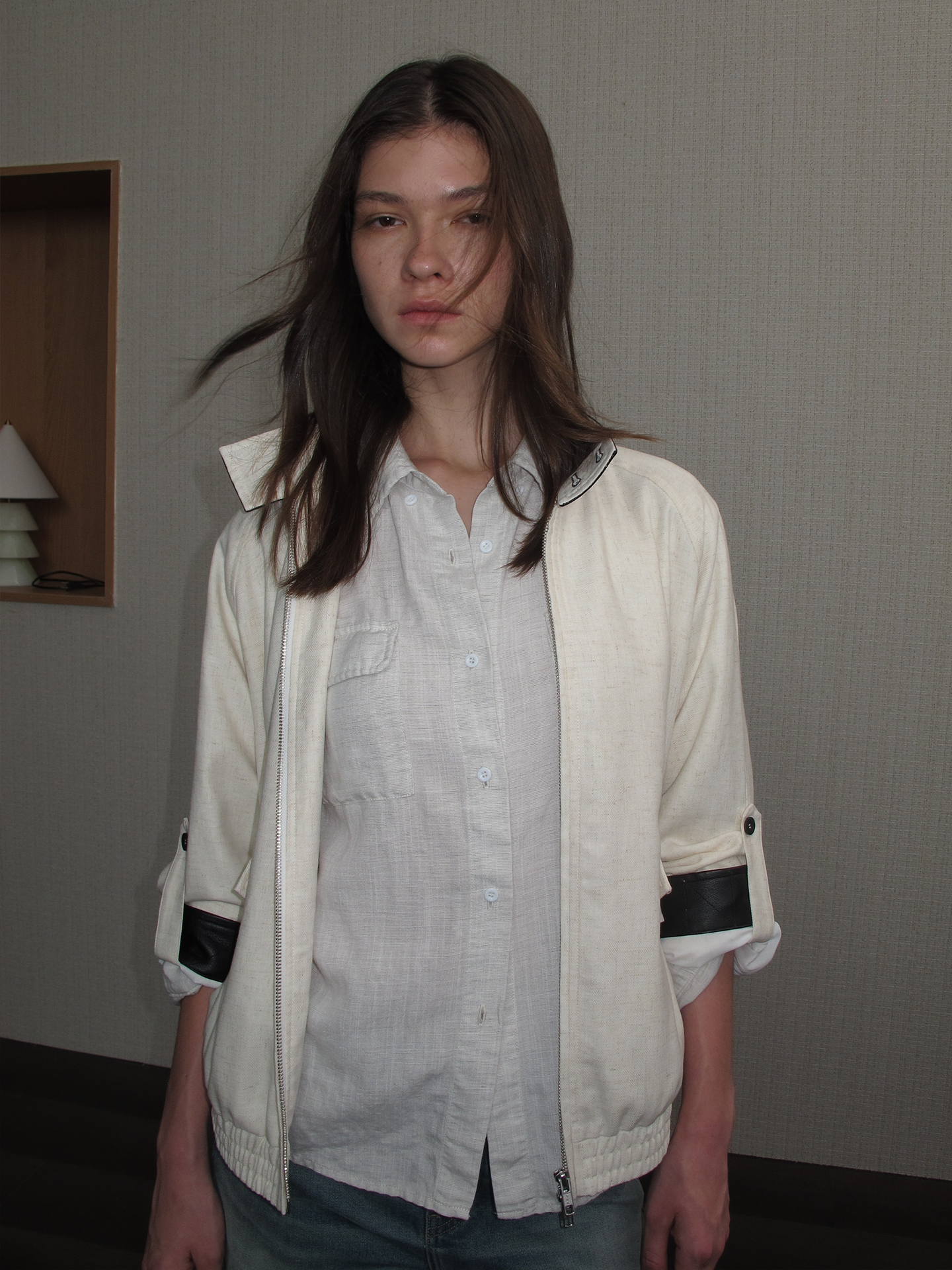 JCAESAR WOMEN Linen‑leather paneled Harrington jacket