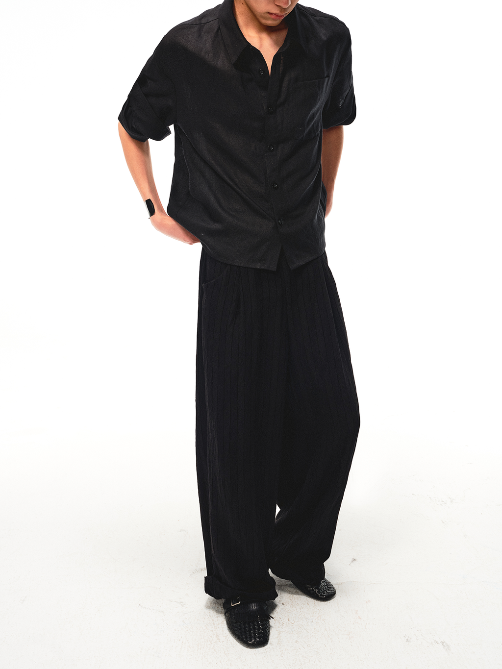JCAESAR Dark Pinstripe Drawstring Cuffed Black Cargo Pants