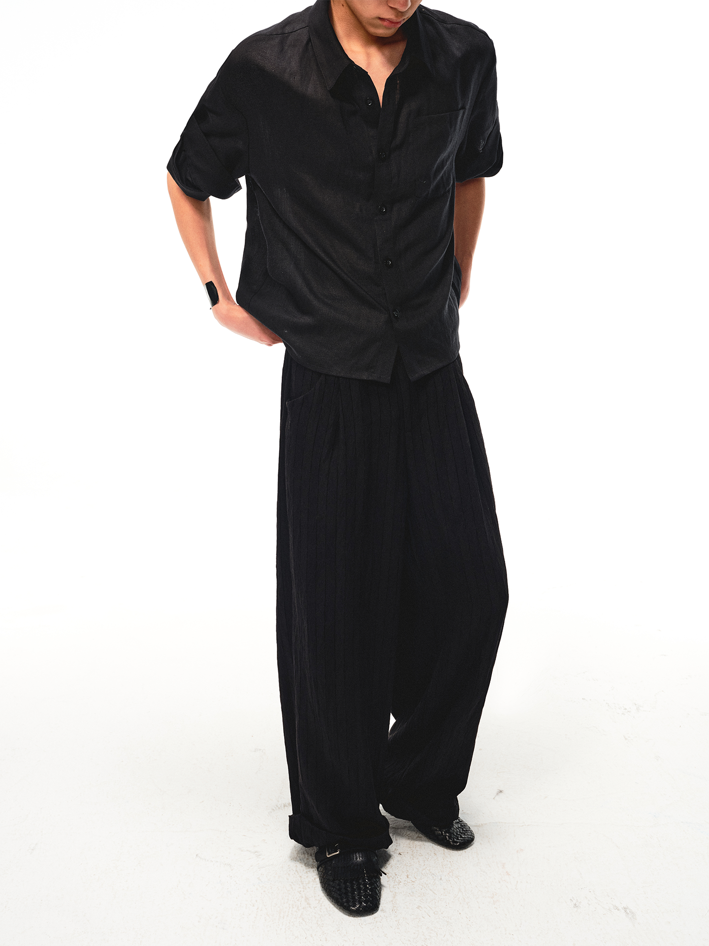 JCAESAR Dark Pinstripe Drawstring Cuffed Black Cargo Pants