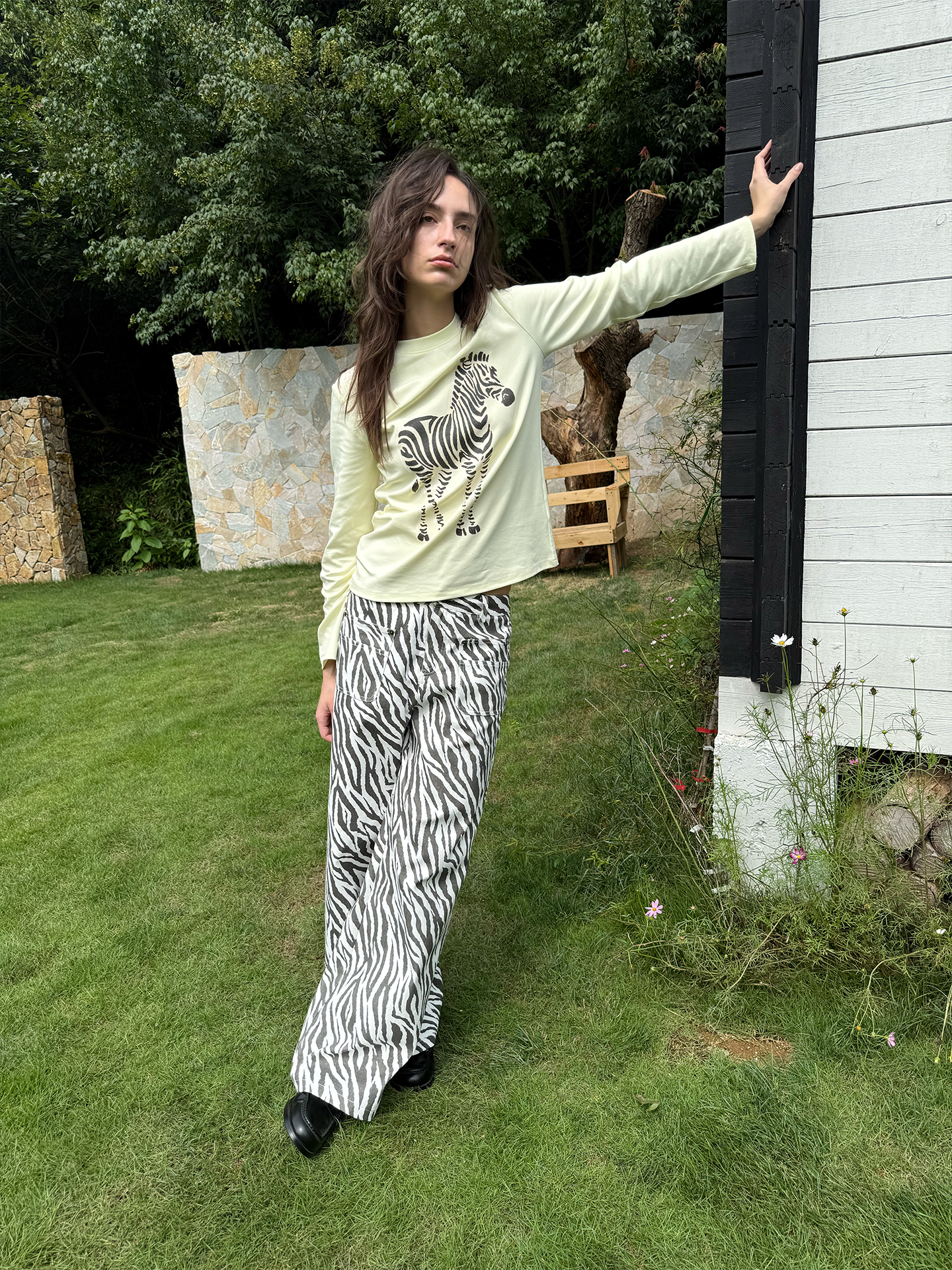JCAESAR WOMEN Distressed zebra‑pattern straight‑leg trousers
