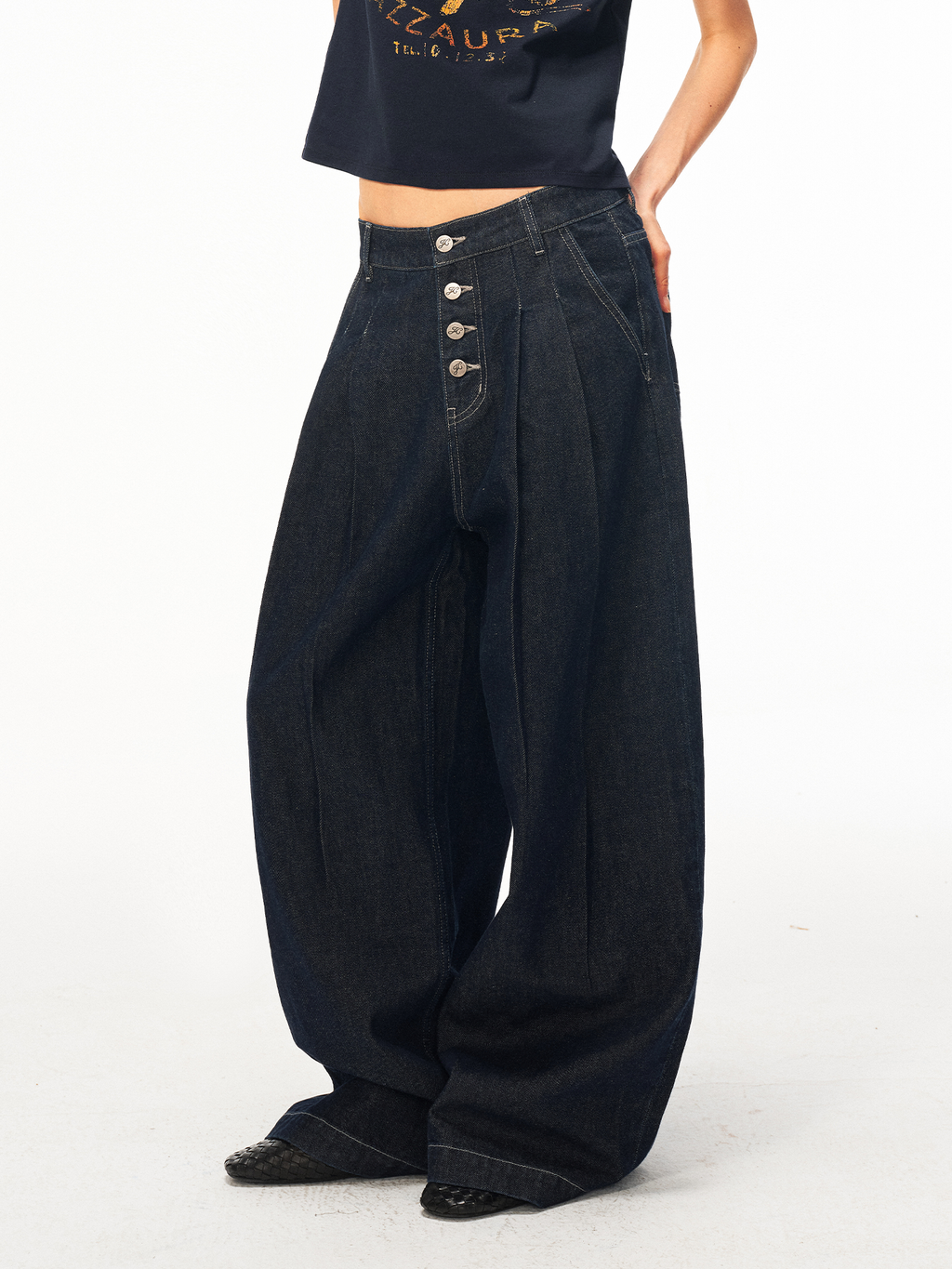 JCAESAR WOMEN Buttoned pleated cotton‑linen raw denim trousers