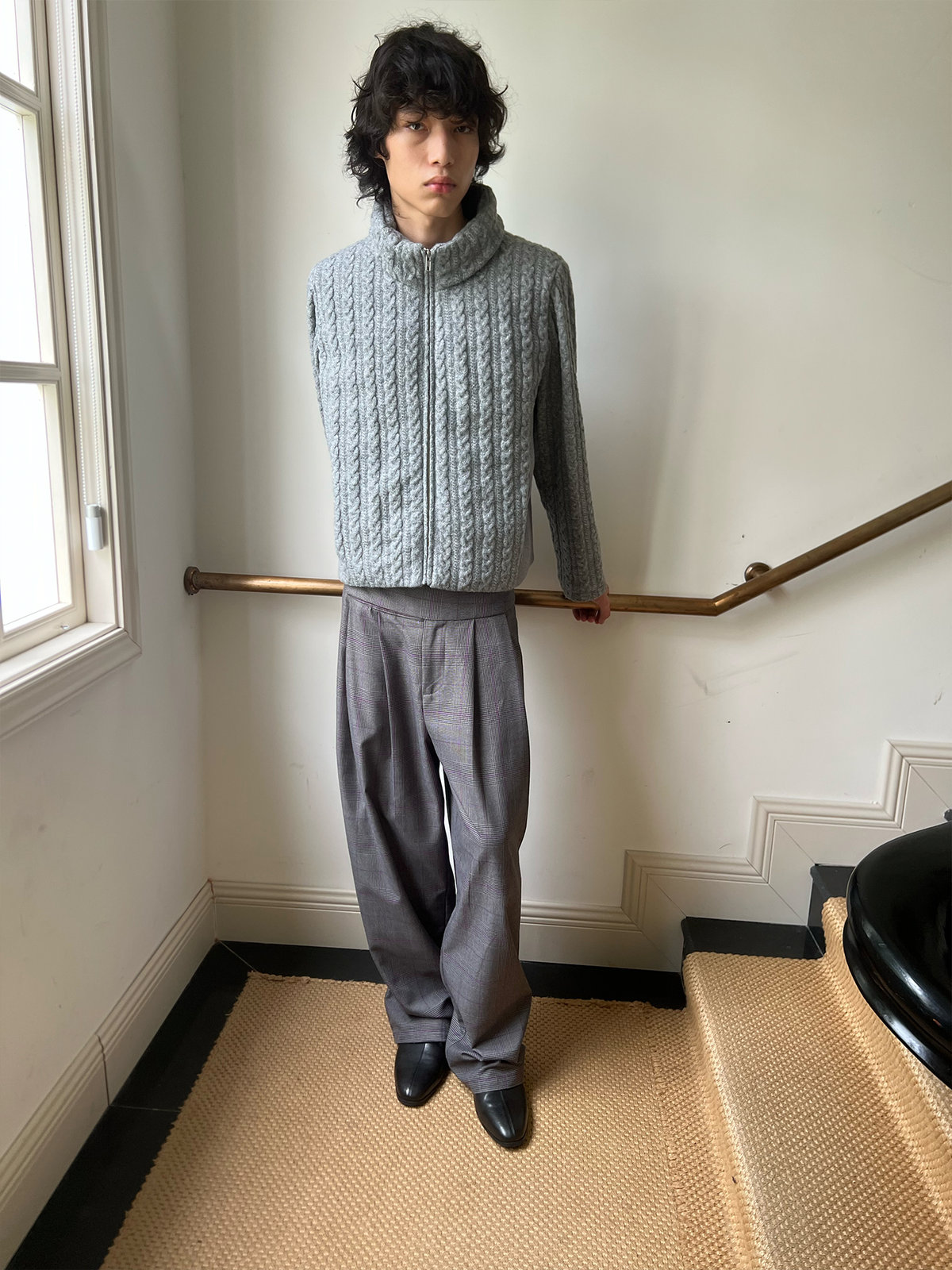 JCAESAR Purple Plaid Double-Pleat Wide Waistband Trousers