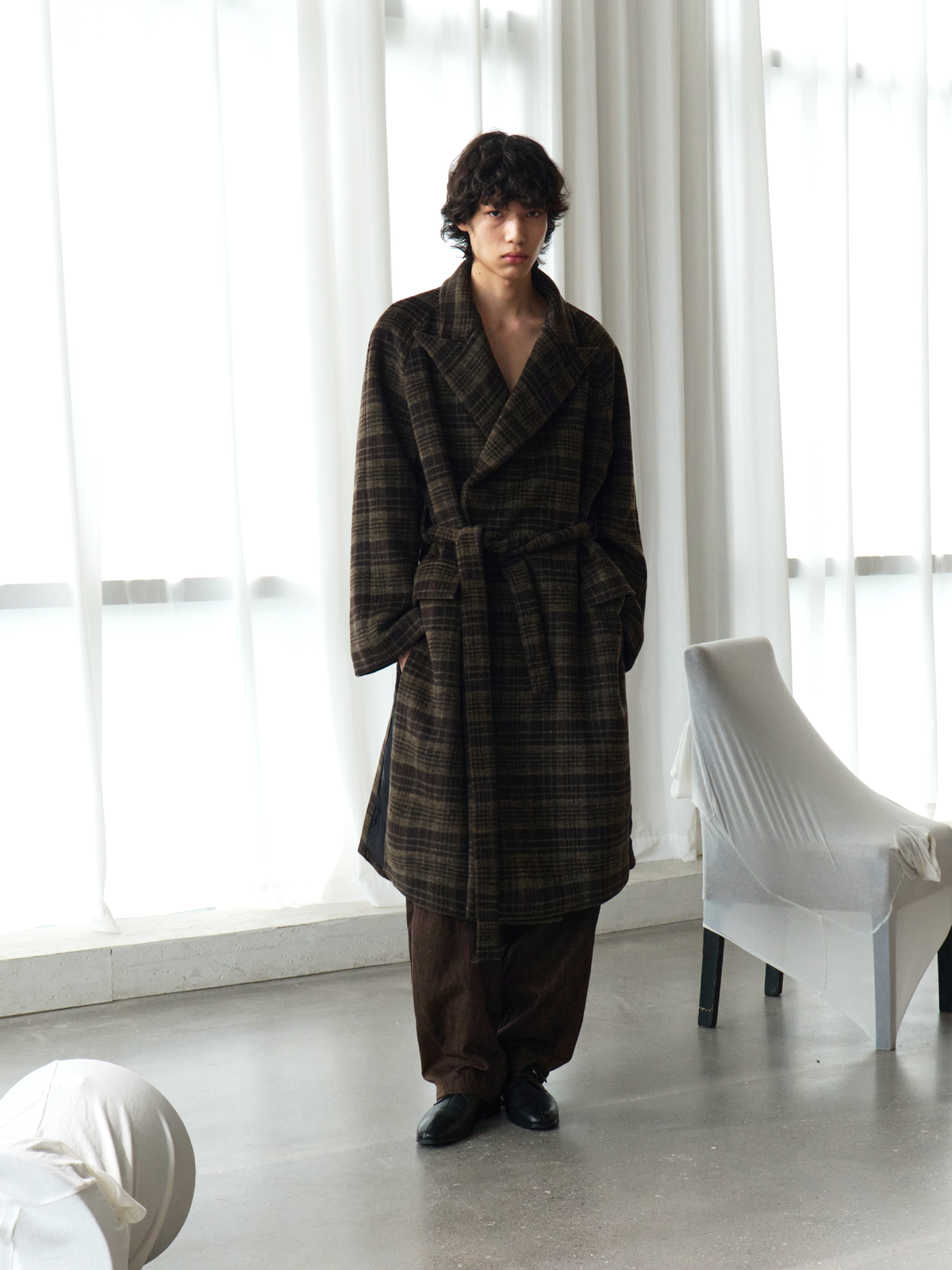 JCAESAR Brown Olive Plaid Wool Overcoat