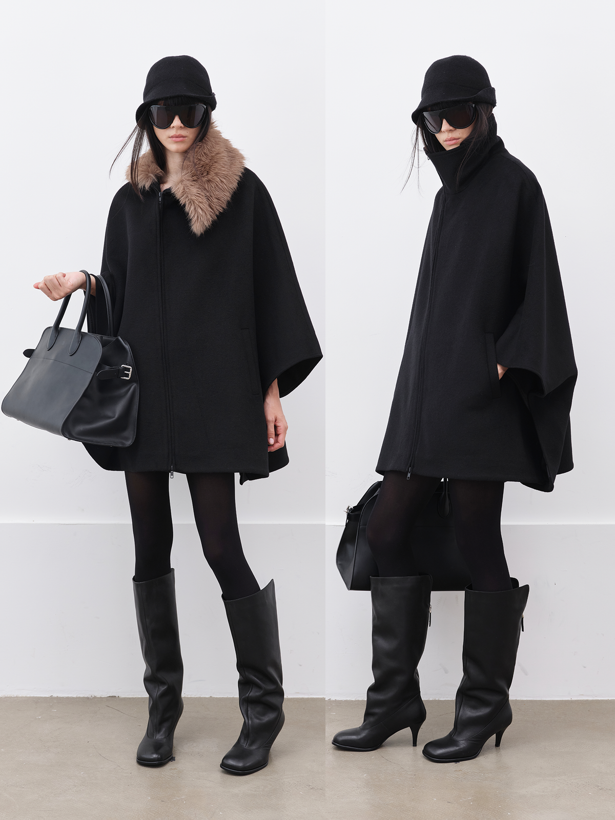 JCAESAR WOMEN Asymmetric Zip Wool Cape Coat