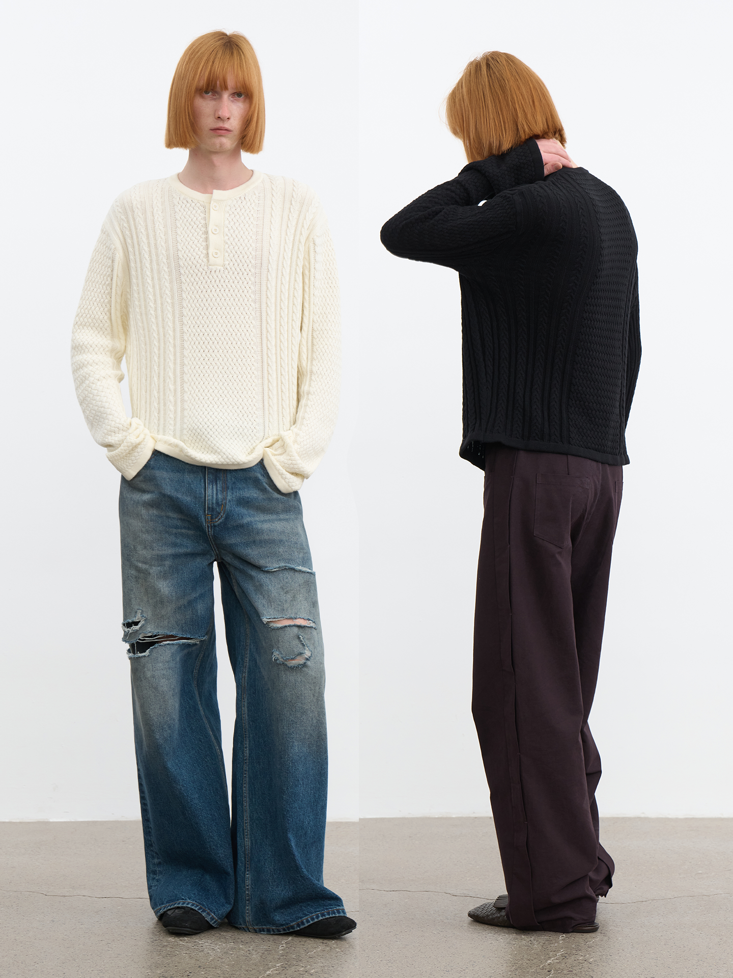 JCAESAR Henley collar scale‑pattern knit long‑sleeve