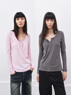 JCAESAR WOMEN U-Neck Rolled Hem Henley Long-Sleeve Shirt