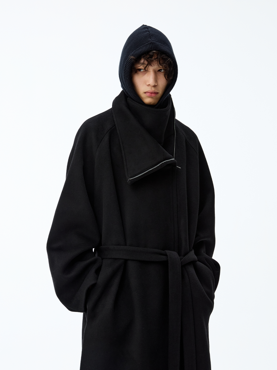 JCAESAR Asymmetric Zipper Belted Coat