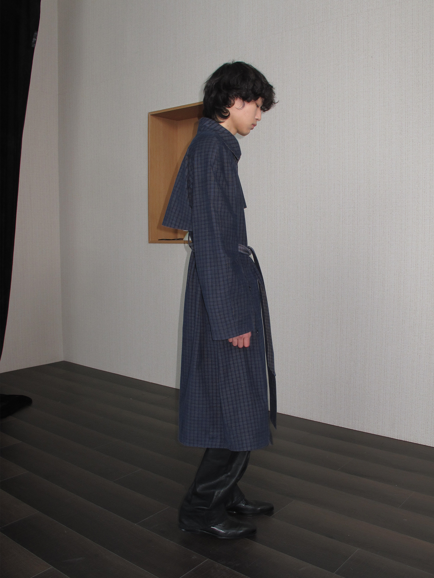 JCAESAR  Plaid Raglan-Sleeve Trench Coat with Boxing-Style Shoulder Pads