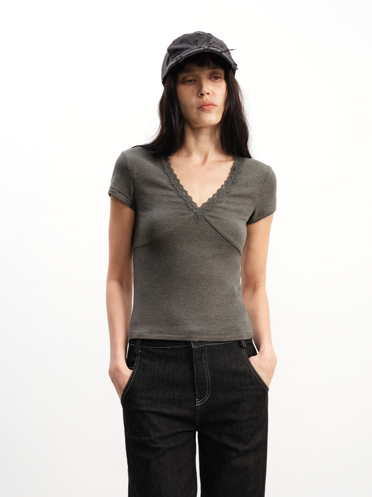 JCAESAR WOMEN Lace V-Neck Short-Sleeve Top - jcaesarclo