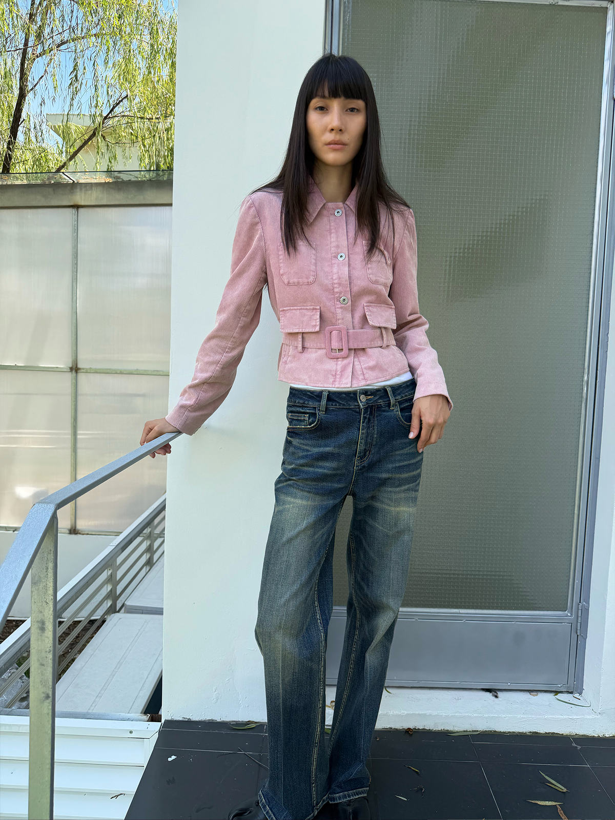 JCAESAR WOMEN  Washed Corduroy Tie-Belt Jacket