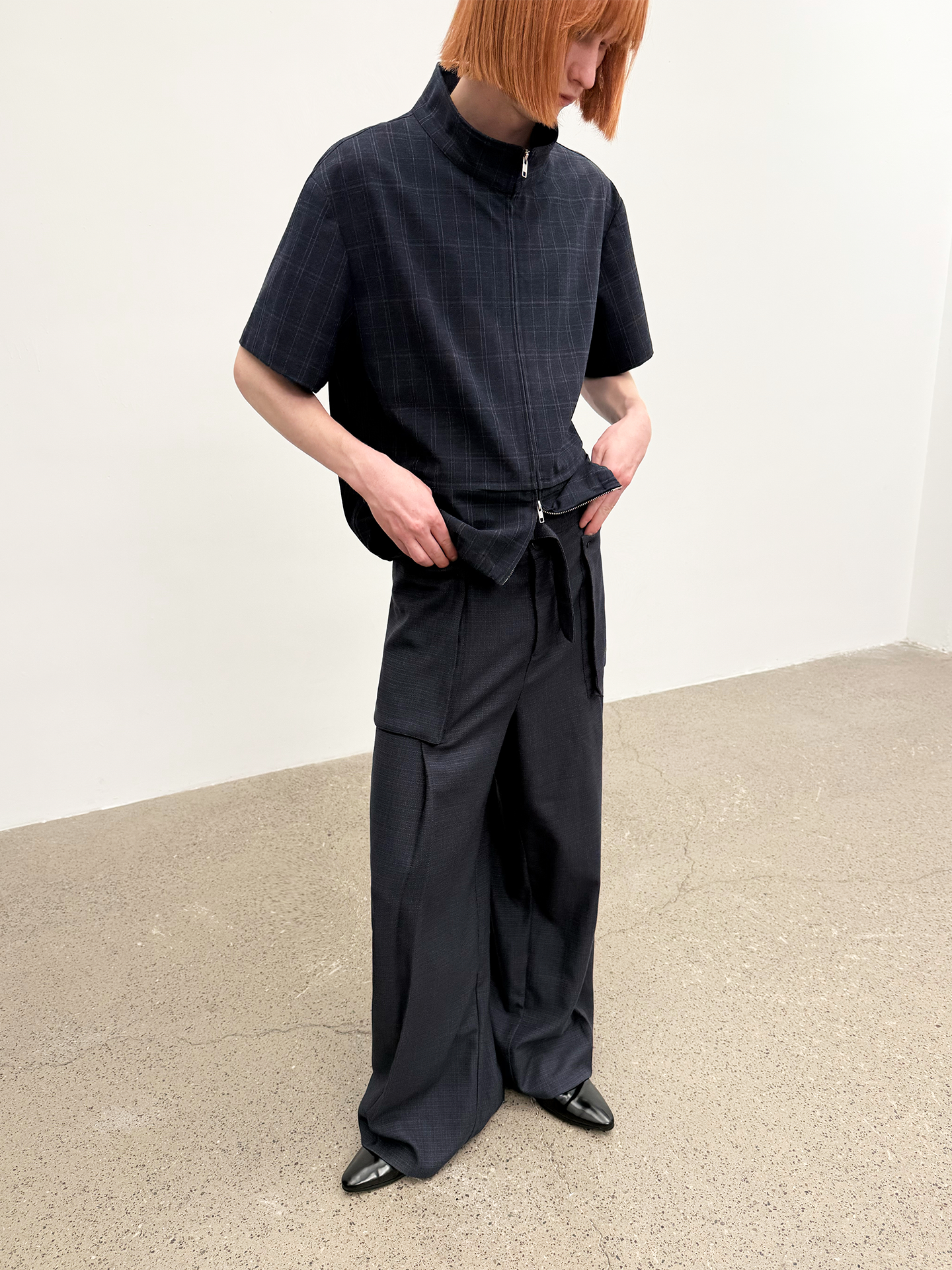 JCAESAR Dark Grid Texture Hidden-Pocket Shirt