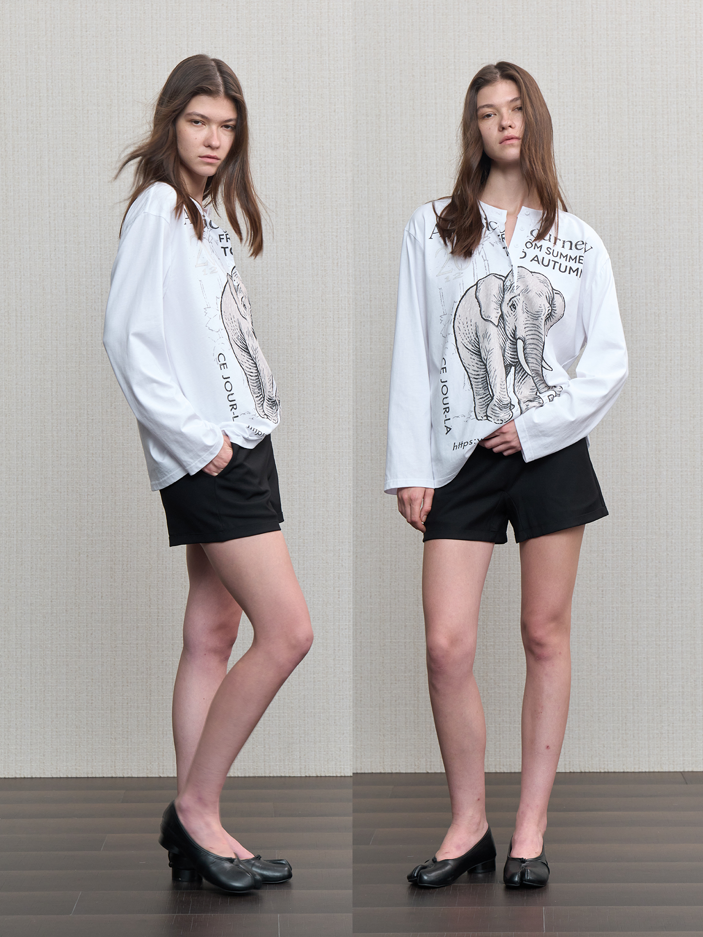 JCAESAR WOMEN Migrating‑elephant Henley oversized long‑sleeve shirt