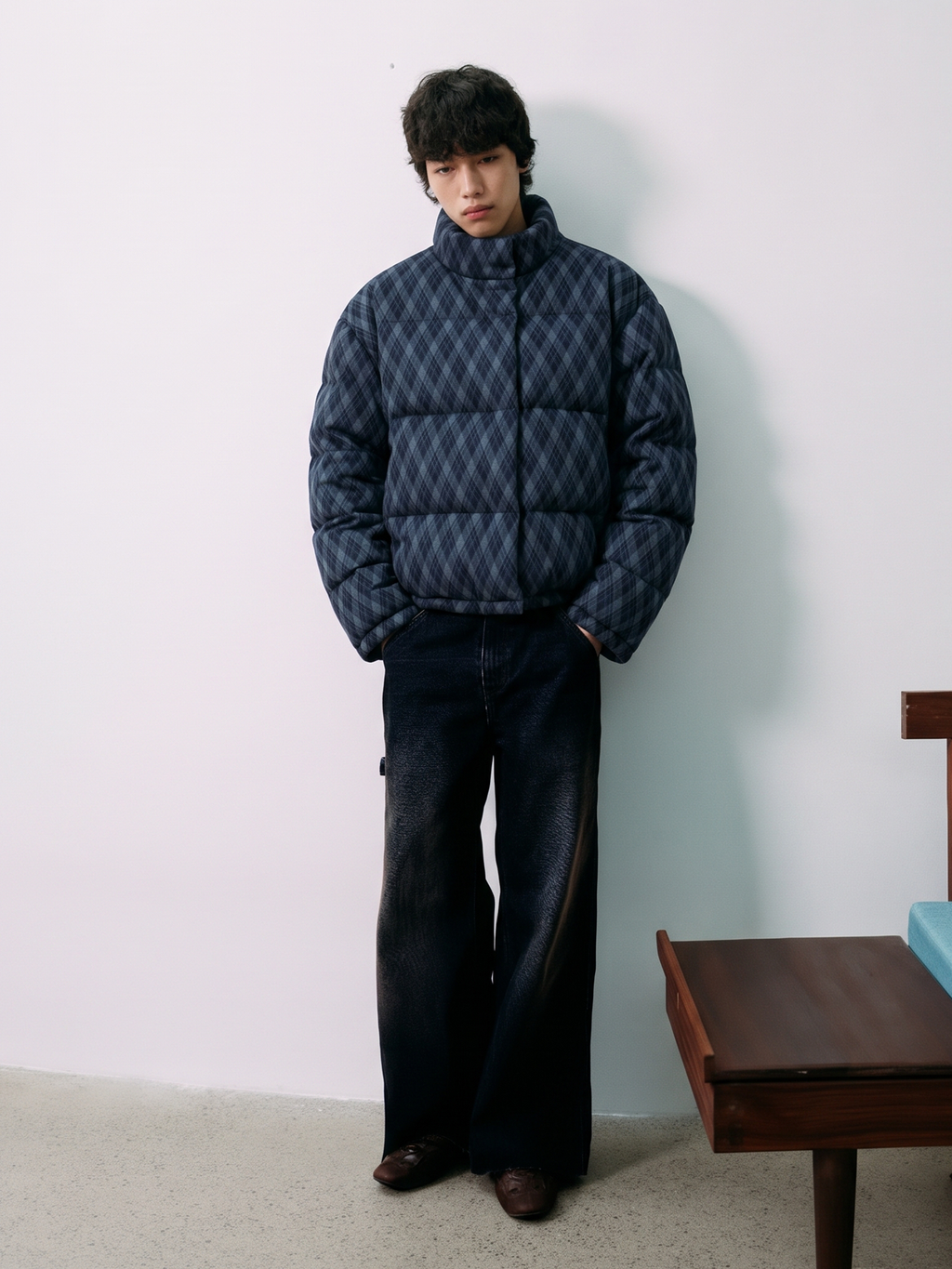 JCAESAR Blue Diamond-Check Stand Collar Down Jacket