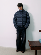 JCAESAR Blue Diamond-Check Stand Collar Down Jacket