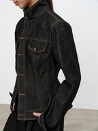 JCAESAR WOMEN Asymmetrical Placket Fitted Waist Raw Denim Jacket