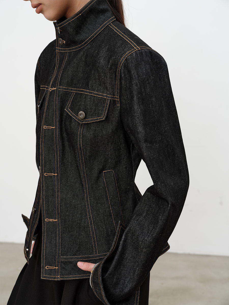 JCAESAR WOMEN Asymmetrical Placket Fitted Waist Raw Denim Jacket