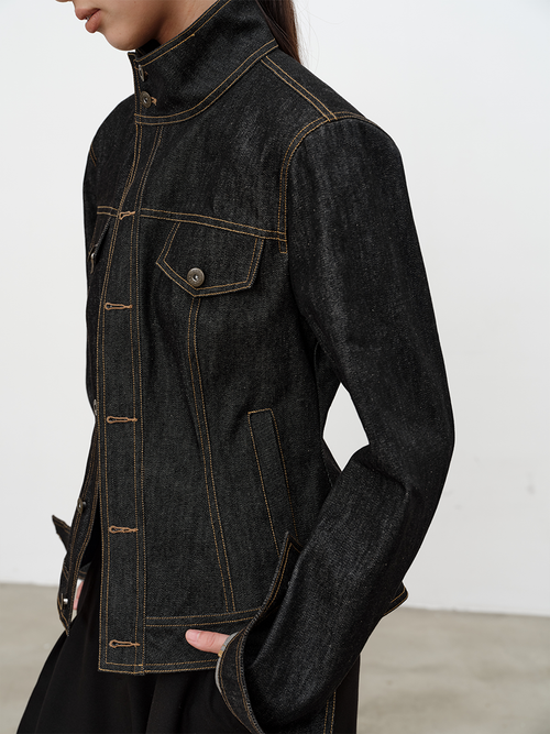 JCAESAR WOMEN Asymmetrical Placket Fitted Waist Raw Denim Jacket