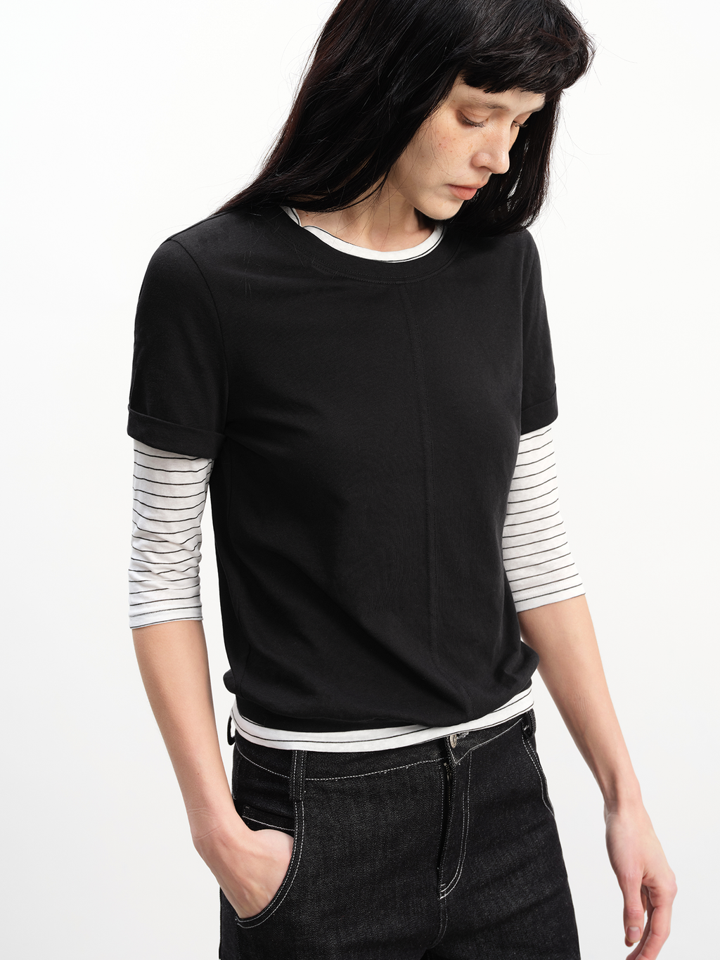 JCAESAR WOMEN Layered-Look Ruched-Sleeve Short-Sleeve Top - jcaesarclo