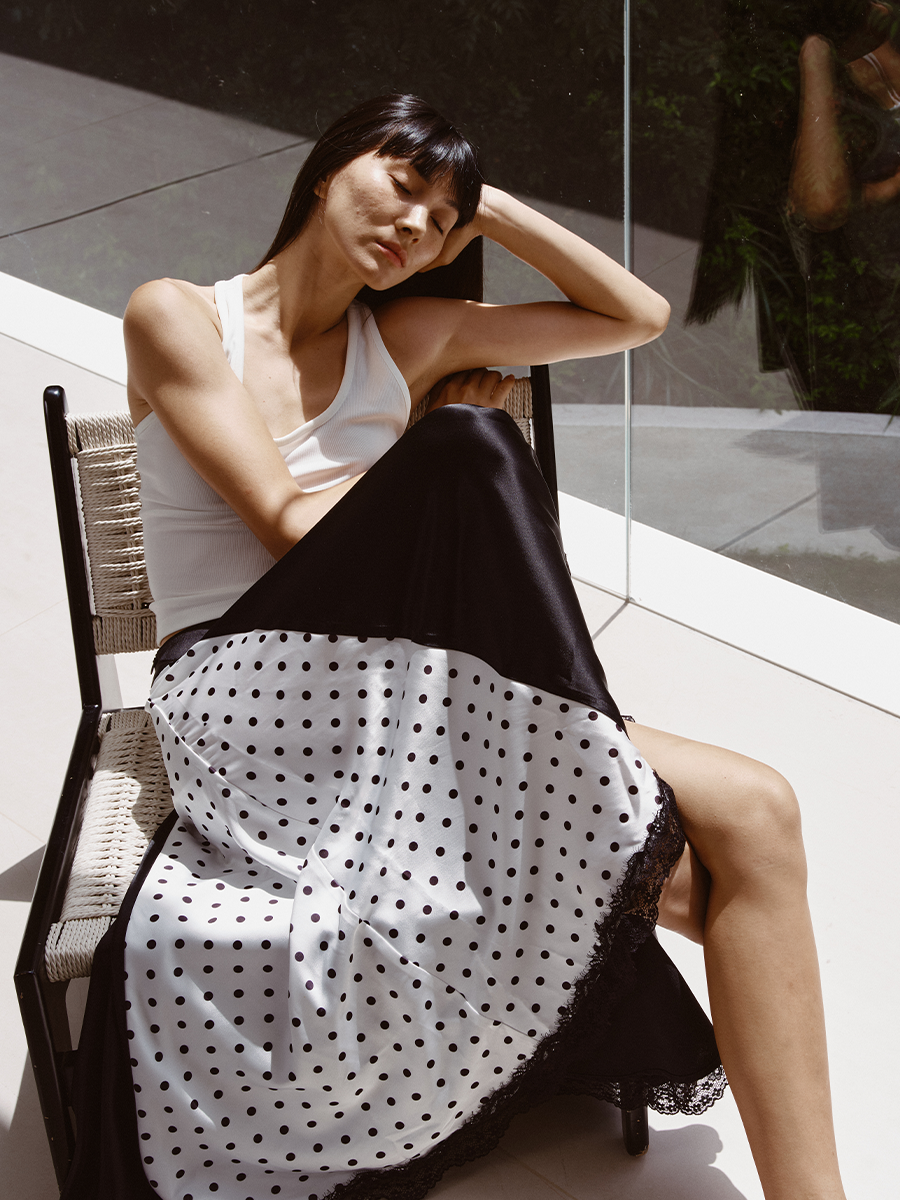 JCAESAR WOMEN Polka Dot Patchwork Midi Skirt