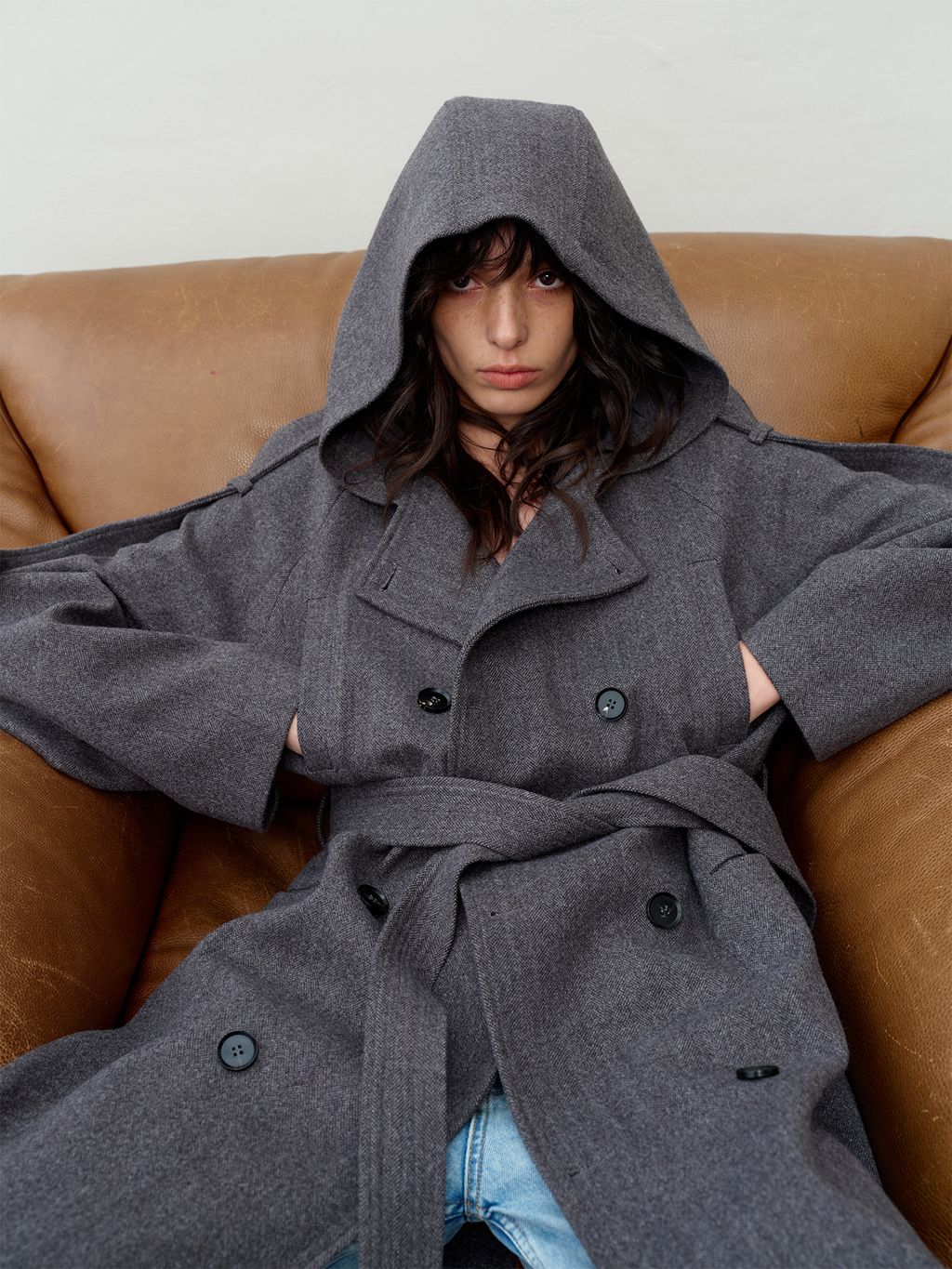 JCAESAR WOMEN Hooded Double‑Breasted Herringbone Trench Coat - jcaesarclo