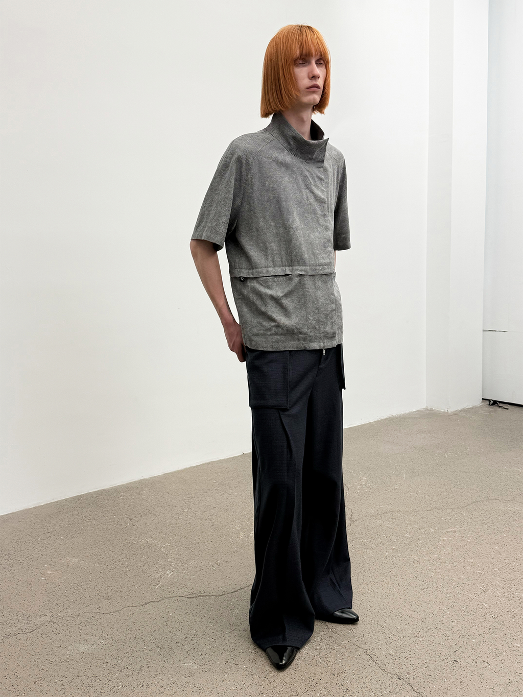 JCAESAR Grey Asymmetric Collar Cinched Waist Short Sleeve Shirt