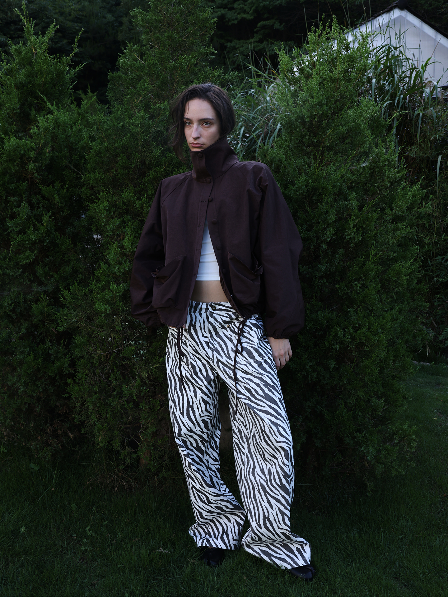 JCAESAR WOMEN Distressed zebra‑pattern straight‑leg trousers