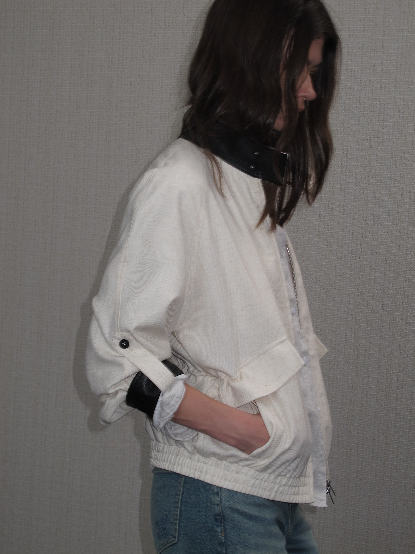 JCAESAR WOMEN Linen‑leather paneled Harrington jacket