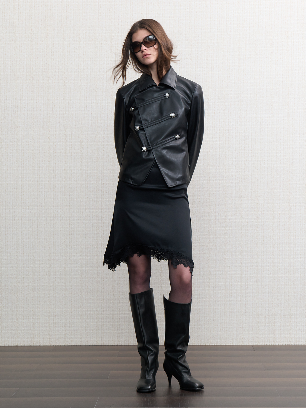 JCAESAR WOMEN Napoleon-Style Asymmetric Collar Leather Jacket