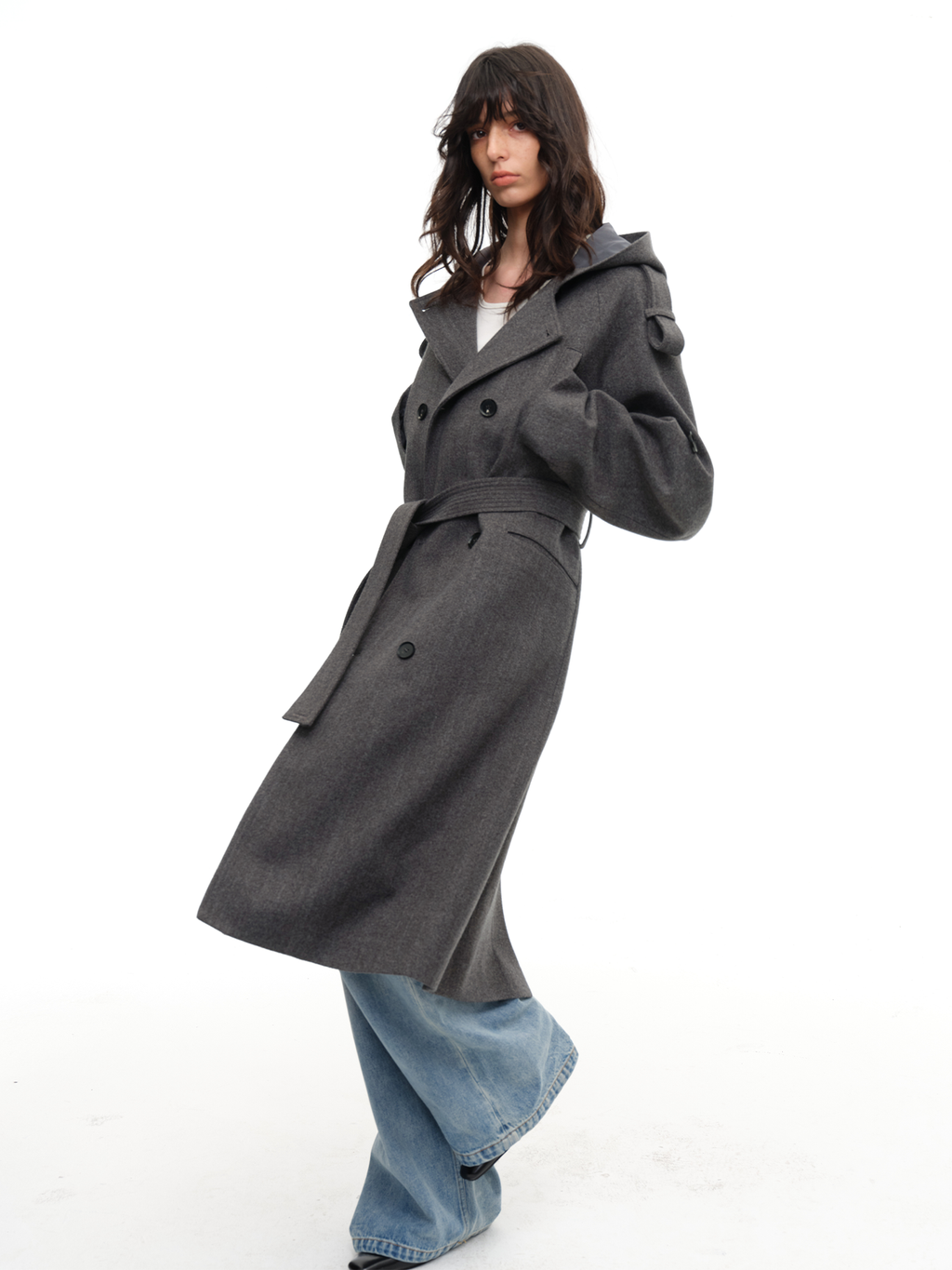 JCAESAR WOMEN Hooded Double‑Breasted Herringbone Trench Coat - jcaesarclo