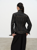 JCAESAR WOMEN Asymmetrical Placket Fitted Waist Raw Denim Jacket