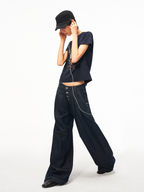 JCAESAR WOMEN Buttoned pleated cotton‑linen raw denim trousers