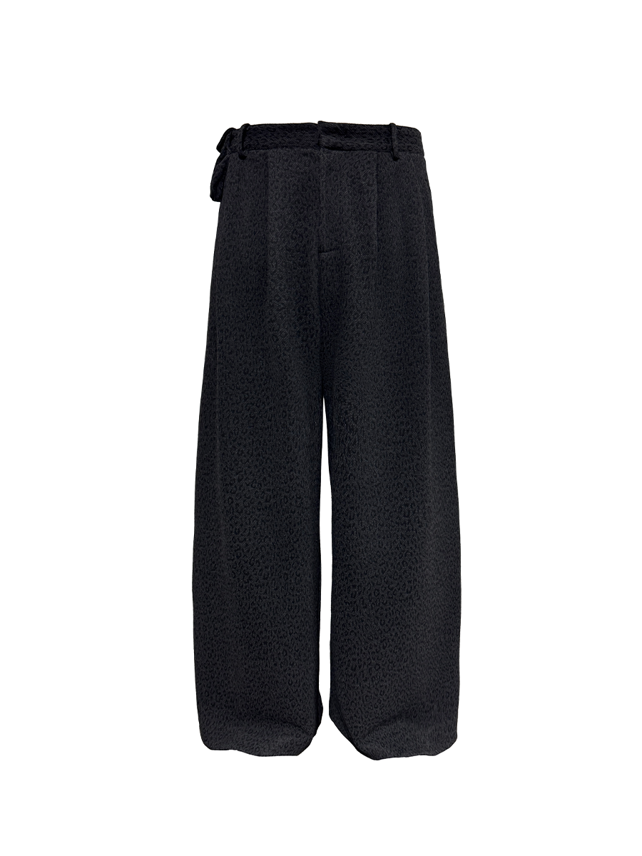 JCAESAR Pleated Side Waist Dark Leopard Print Long Pants