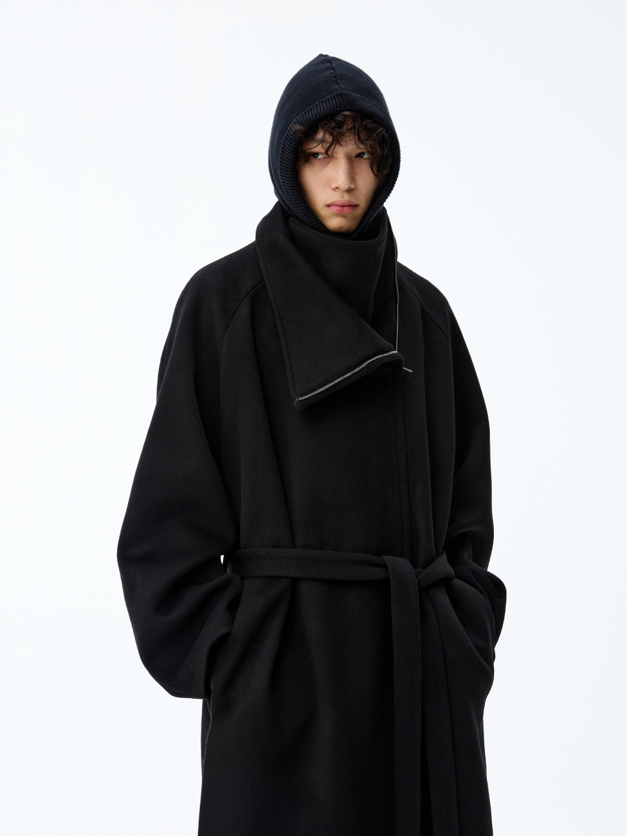 JCAESAR Asymmetric Zipper Belted Coat