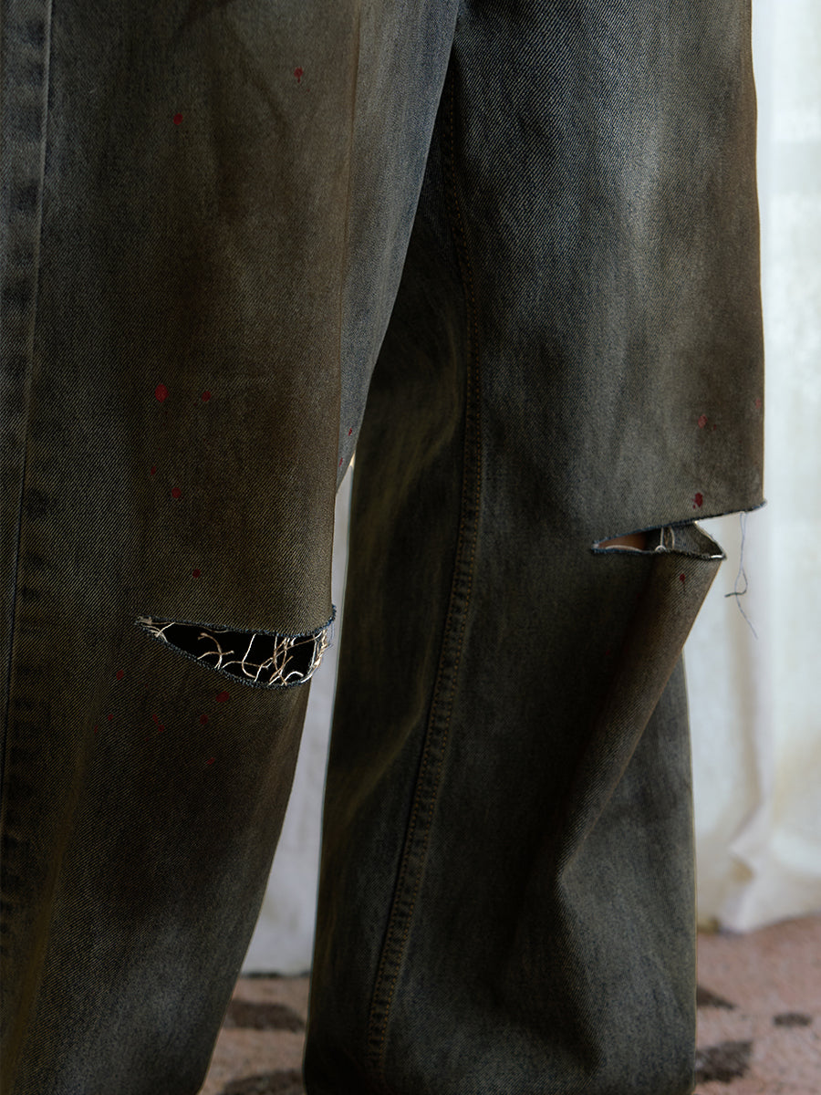 JCAESAR Bloodstain Knife Cut Denim Jeans - jcaesarclo