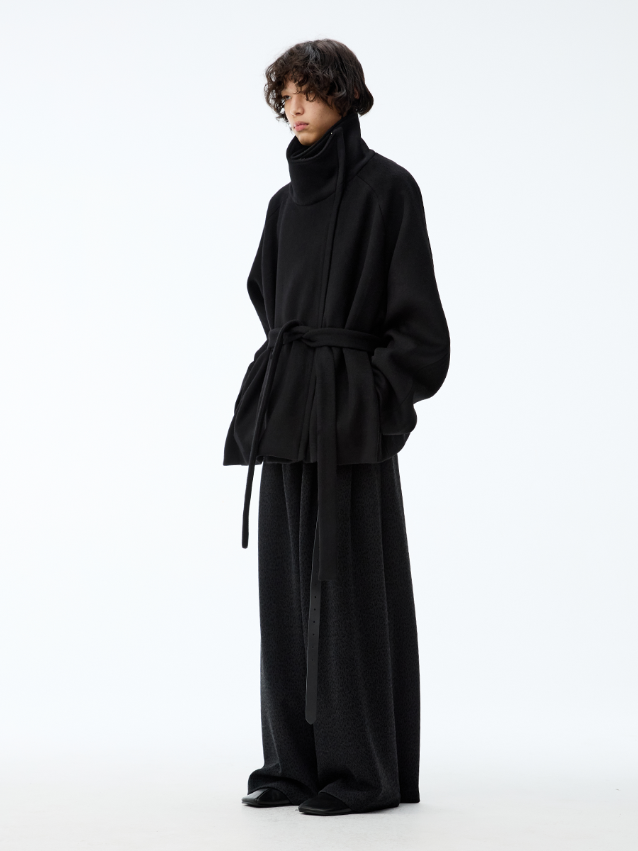 JCAESAR Asymmetric Zipper Belted Coat