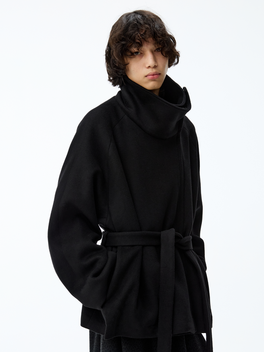 JCAESAR Asymmetric Zipper Belted Coat